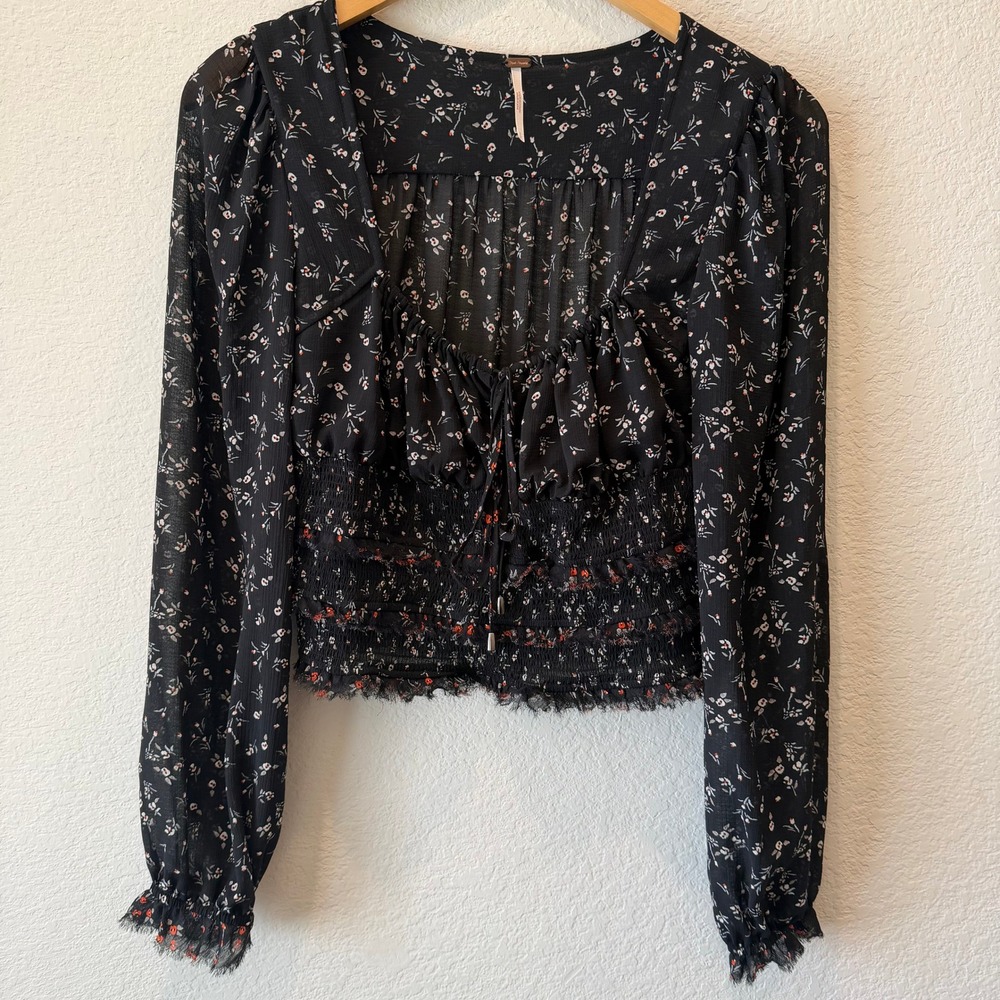 Free People Black‎ Floral Smocked Crop Blouse Long Sleeve Boho Top Small